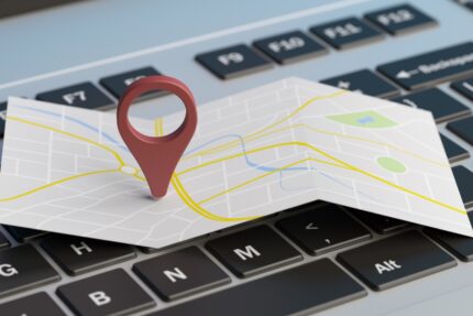 Map pointer location on a laptop. 3d illustration