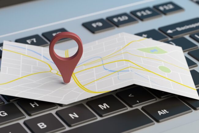 Map pointer location on a laptop. 3d illustration