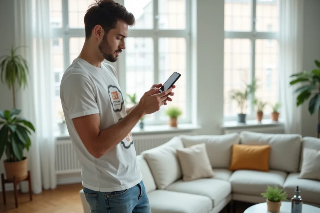 Jeune homme configurant un compte Google sur un smartphone Android d'occasion près d'une fenêtre