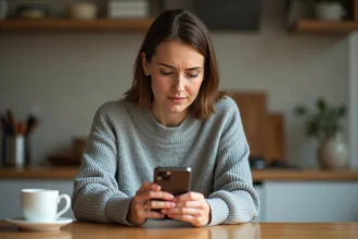Femme configurant un smartphone Android d'occasion en toute sécurité à une table de cuisine