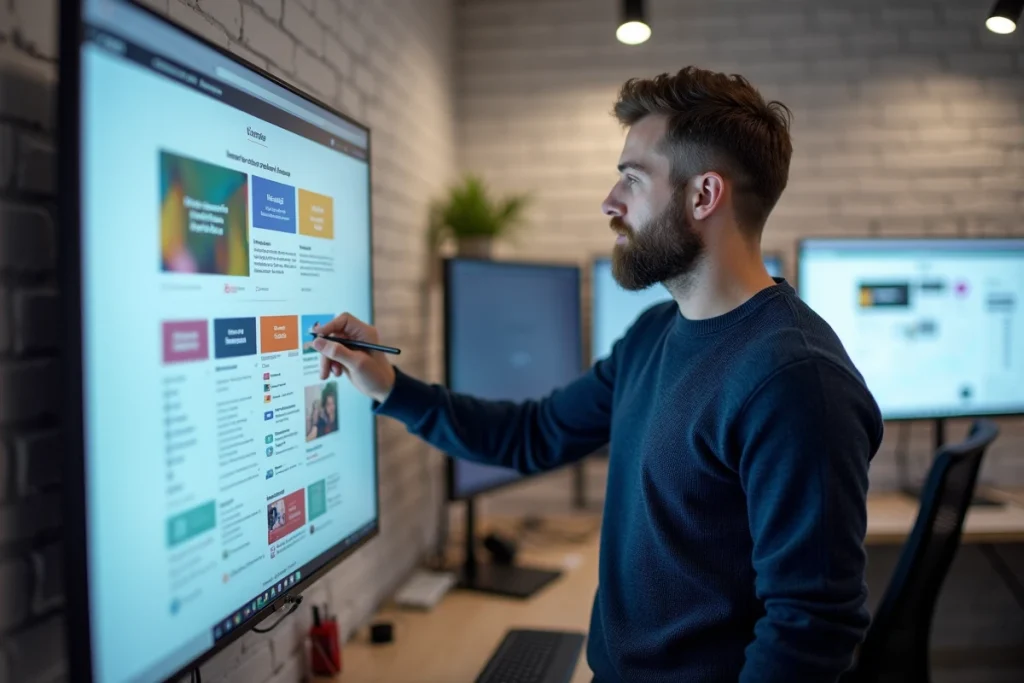 Développeur web présentant une maquette de site internet sur grand écran dans un studio d'agence digitale
