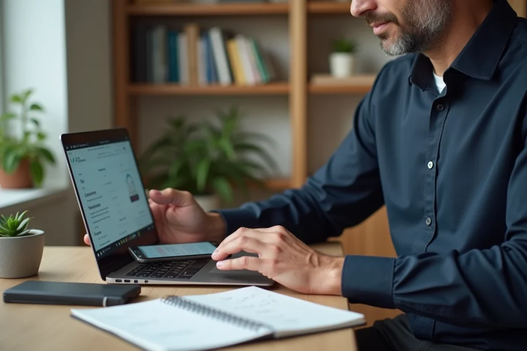Homme configurant les paramètres de sécurité d'un téléphone Android reconditionné dans un bureau à domicile
