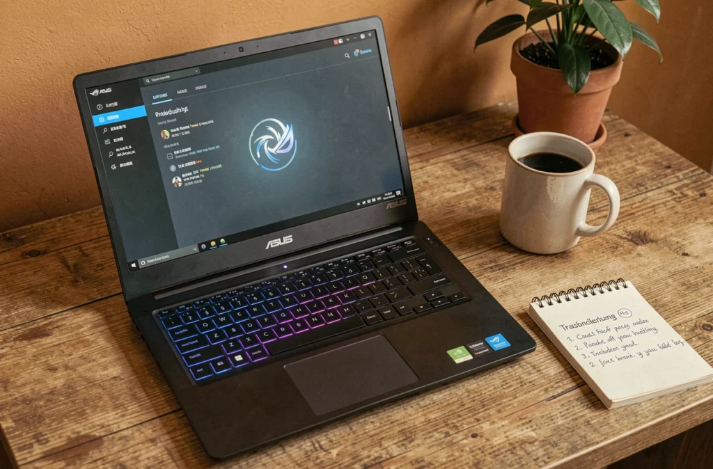 Laptop ASUS ROG avec logiciel Armory Crate bloqué sur le bureau