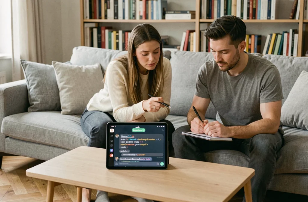 Deux collègues analysant ensemble des erreurs de formatage en italique dans une conversation Discord sur une tablette