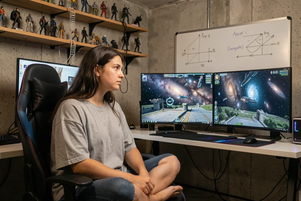 Femme comparant l'affichage d'un jeu spatial sur deux écrans dont un ultrawide 21/9 lors d'un dépannage de résolution