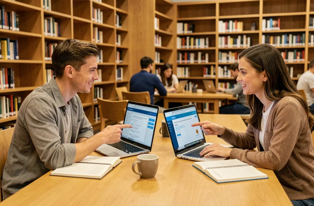 Deux jeunes professionnels comparent des formations en référencement naturel en ligne dans une bibliothèque moderne, évaluant les critères essentiels pour faire le bon choix