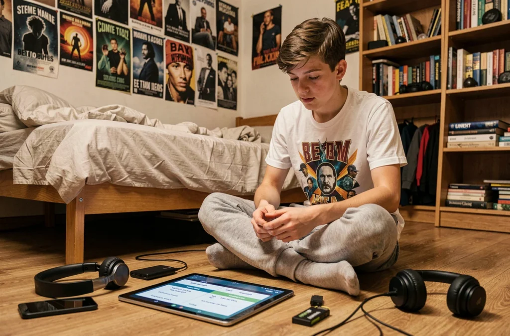 Adolescent comparant des formats audio MP3 et leur taille de stockage sur une tablette entouré d'accessoires numériques
