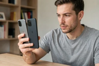 Homme comparant deux smartphones Google Pixel côte à côte sur un bureau en bois clair, vue rapprochée