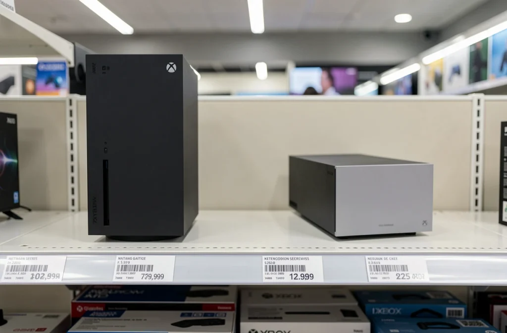 Deux consoles Xbox côte à côte sur un rayon de magasin électronique, comparant la Xbox Series X actuelle avec une future génération, illustrant l'impact sur la valeur de revente