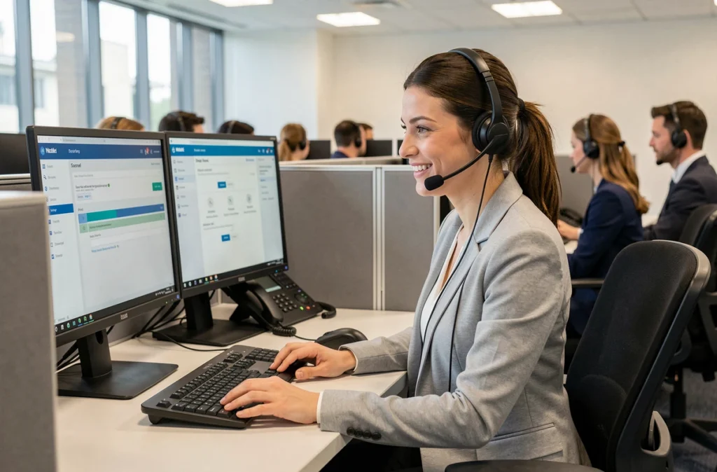 Conseillère administrative en centre d'appel aidant un client dans ses démarches en ligne via un service numérique