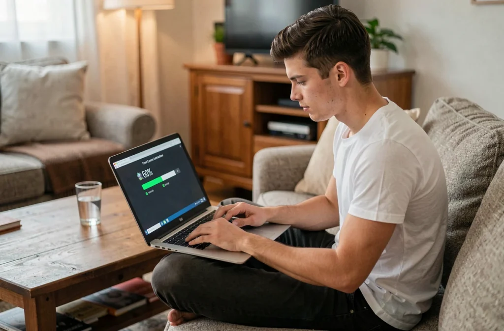 Jeune homme convertissant une vidéo au format MP4 sur ordinateur portable Windows depuis son salon