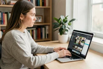 Femme utilisant un logiciel de conversion vidéo en MP4 sur MacBook Pro dans un bureau à domicile