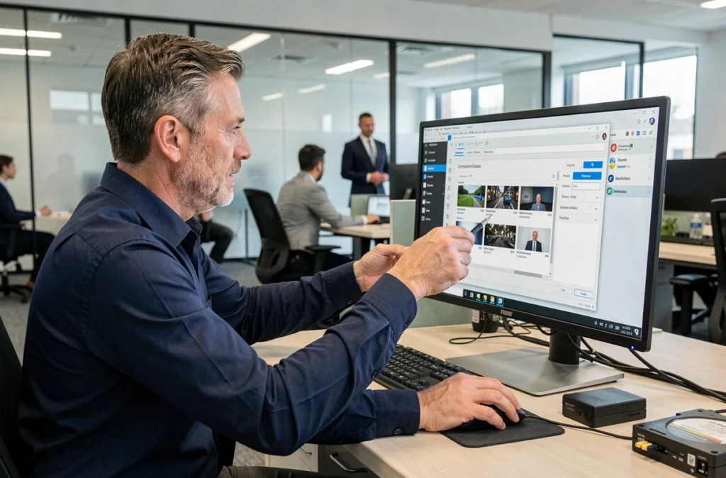 Homme convertissant des fichiers vidéo au format MP4 sur un PC Windows dans un bureau professionnel