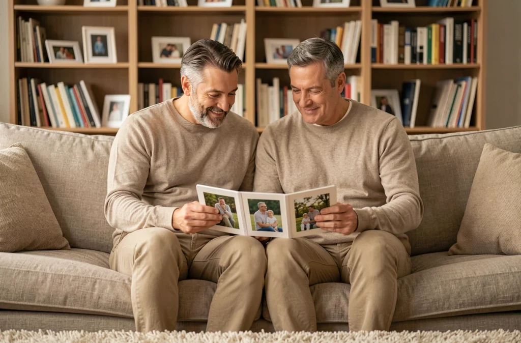Couple consultant et sécurisant leurs albums de souvenirs familiaux sur Amazon Photos depuis une tablette