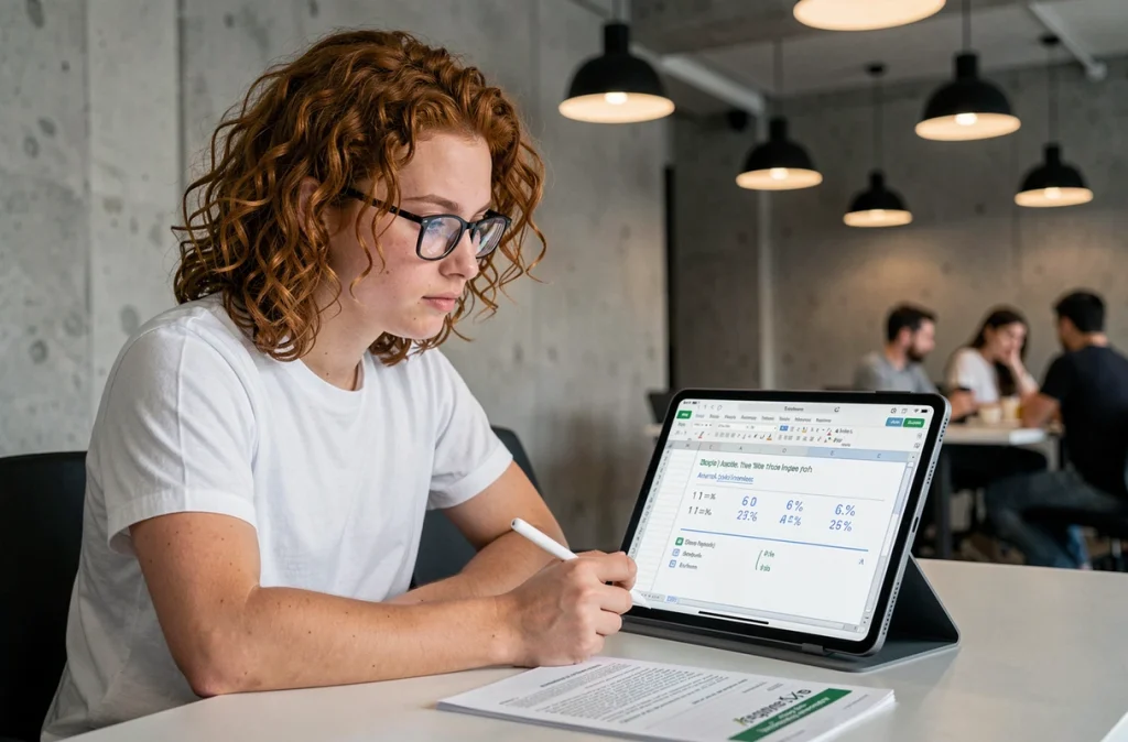 Jeune adulte apprenant à calculer une augmentation en pourcentage sur Excel via une tablette dans un espace de coworking