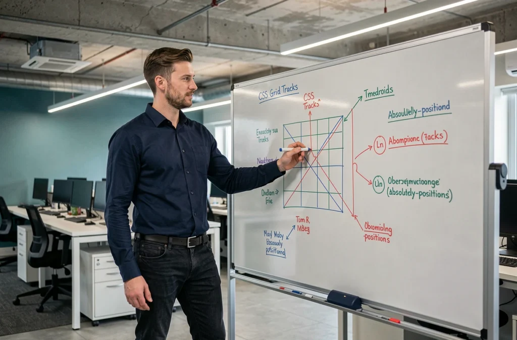 Développeur expliquant la combinaison de CSS Grid et de positionnement absolu sur un tableau blanc en bureau open-space