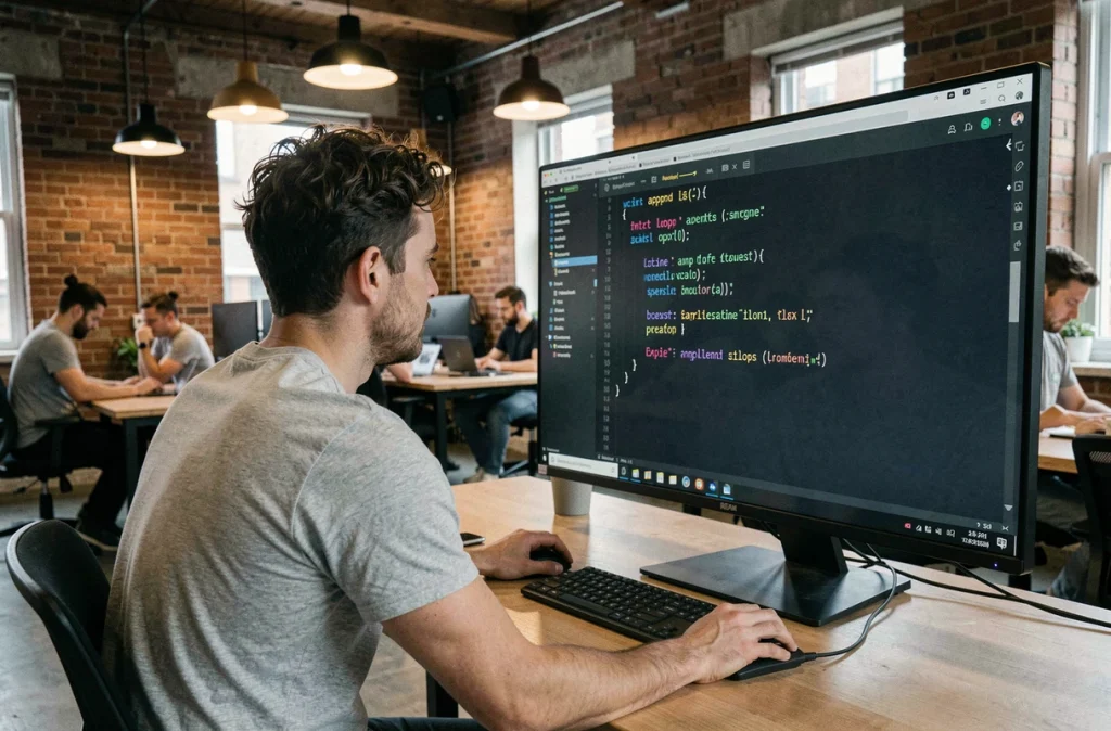 Développeur Python en open space examinant un exercice corrigé sur la méthode append de liste affiché sur un grand écran
