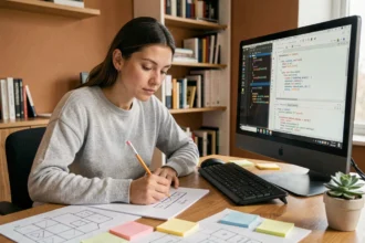Développeuse web esquissant des maquettes CSS Grid et positionnement absolu sur du papier quadrillé à son bureau