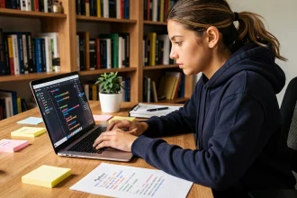 Jeune femme développeuse Python qui tape du code avec la méthode append sur un ordinateur portable dans un bureau à domicile organisé