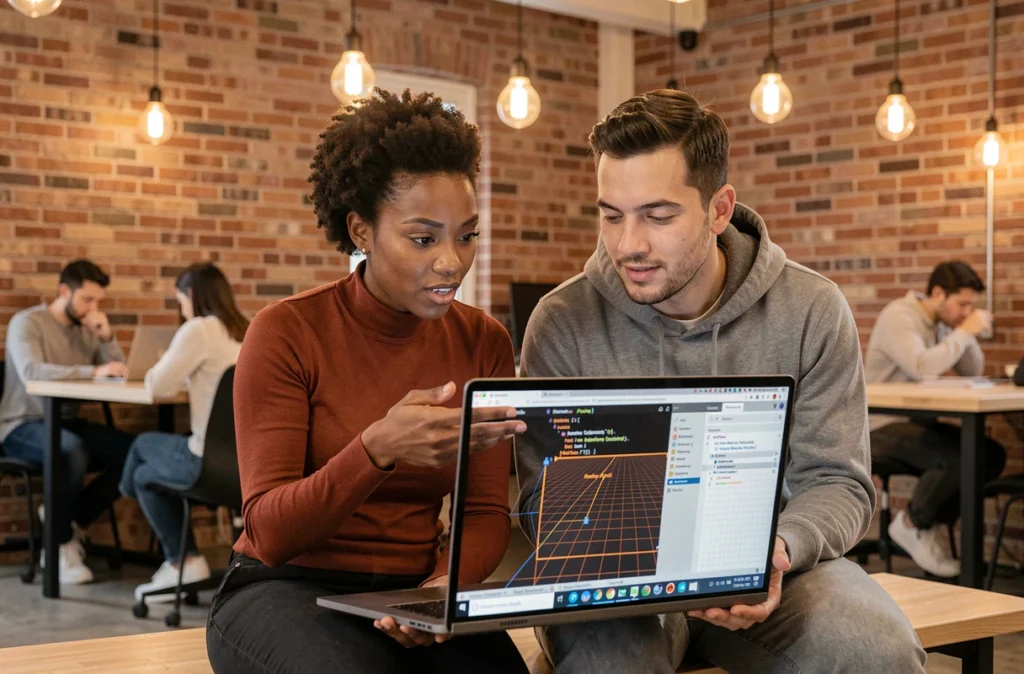 Deux développeurs analysant un conflit entre CSS Grid et positionnement absolu dans les DevTools sur un laptop en espace de coworking