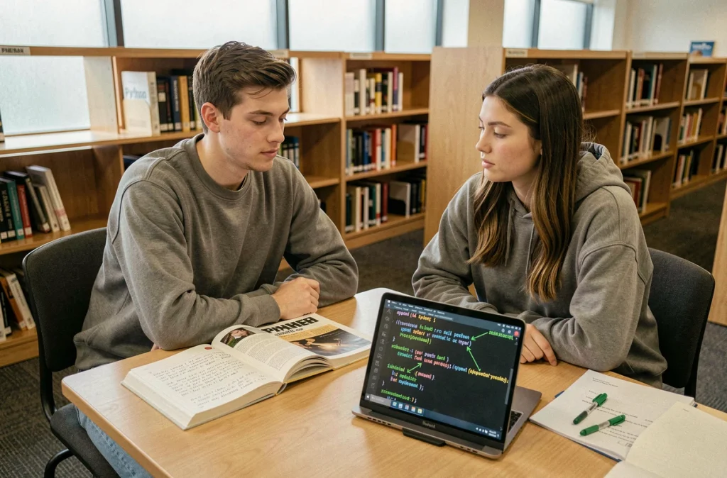 Deux étudiants en informatique révisant ensemble des exercices corrigés sur la méthode append Python dans une bibliothèque universitaire