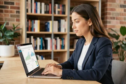 Une femme professionnelle analyse des données SEO sur un ordinateur portable dans un espace de co-working moderne, illustrant le choix d'une formation en référencement naturel