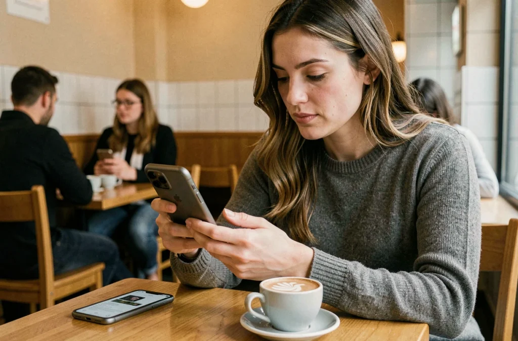 Femme dans un café tenant un Google Pixel et comparant deux modèles de smartphones posés sur la table