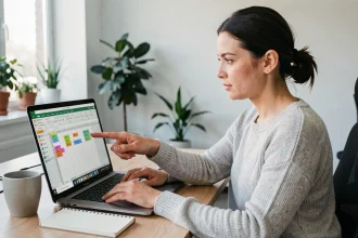 Femme utilisant Excel pour calculer une augmentation en pourcentage sur un ordinateur portable au bureau
