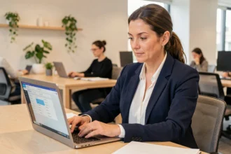 Femme professionnelle naviguant sur une plateforme de démarches administratives en ligne depuis son bureau moderne