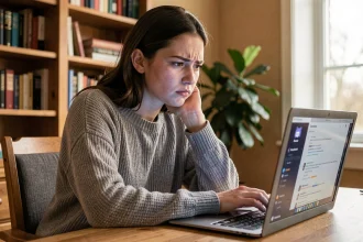 Jeune femme lisant un message en italique sur Discord avec une expression perplexe devant son ordinateur portable