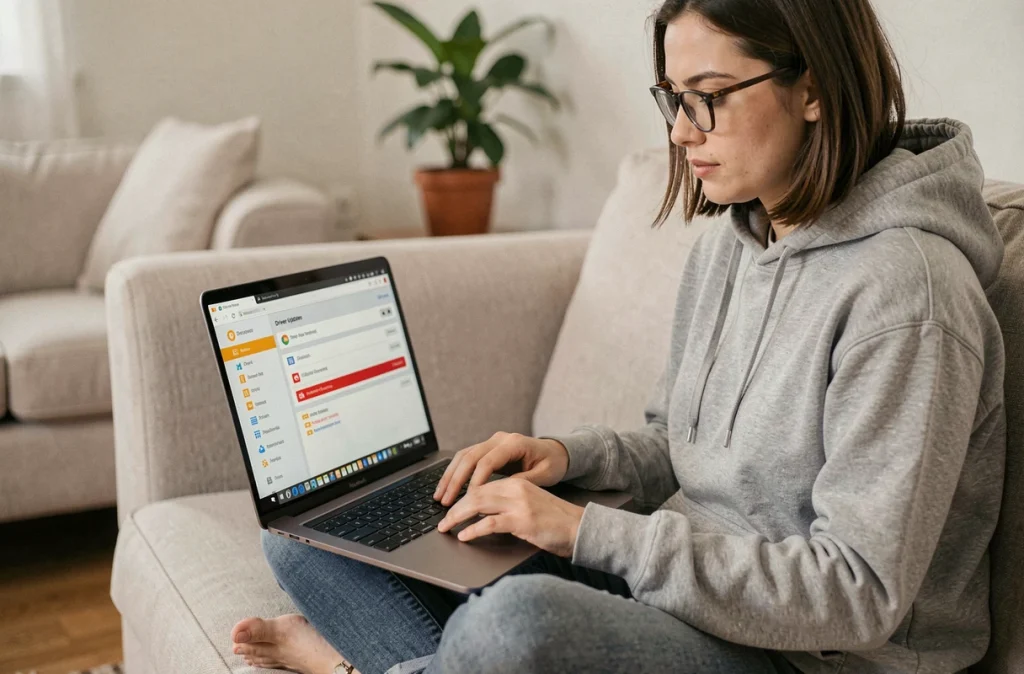 Femme mettant à jour les pilotes de son ordinateur portable depuis son salon pour stabiliser son système