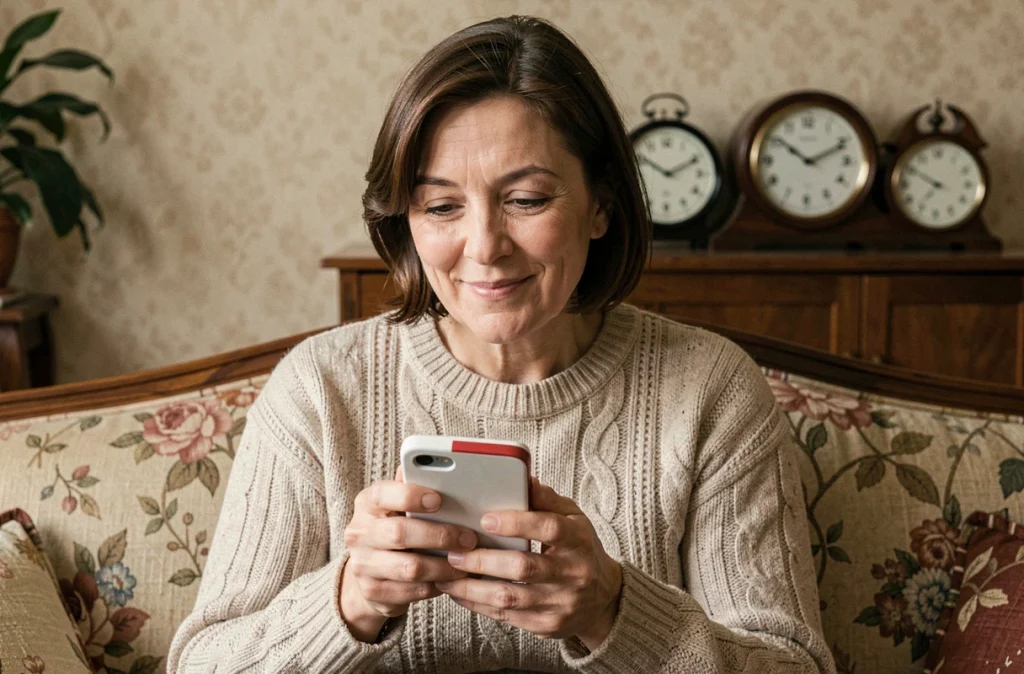 Femme d'une quarantaine d'années tenant un Nokia blanc et rouge et souriant avec nostalgie en tapant un SMS