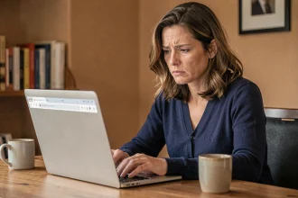 Femme d'une quarantaine d'années examinant attentivement une URL dans la barre d'adresse de son navigateur sur un ordinateur portable, dans un bureau à domicile