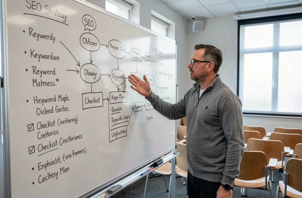 Un formateur expérimenté présente une stratégie de référencement naturel sur un tableau blanc dans une salle de formation professionnelle
