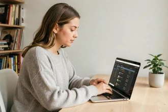 Jeune femme gérant ses fichiers audio MP3 sur un ordinateur portable pour optimiser la mémoire de son appareil