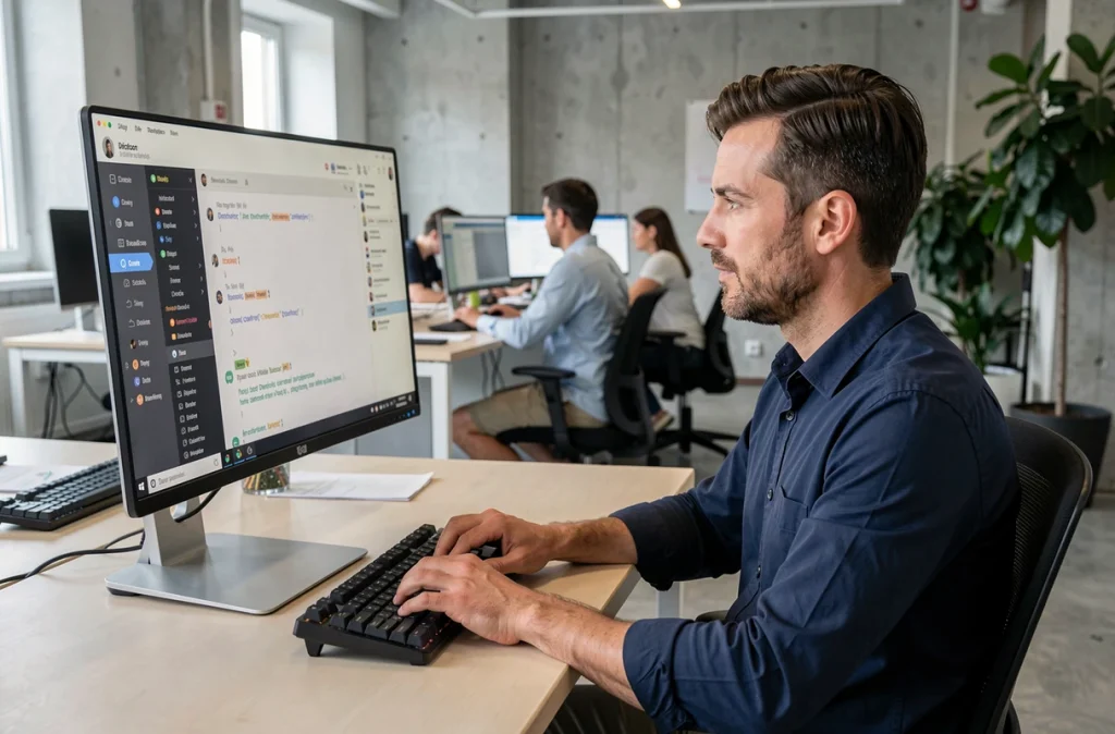 Homme en bureau moderne utilisant Discord sur un grand écran avec des balises de formatage italique visibles dans les messages