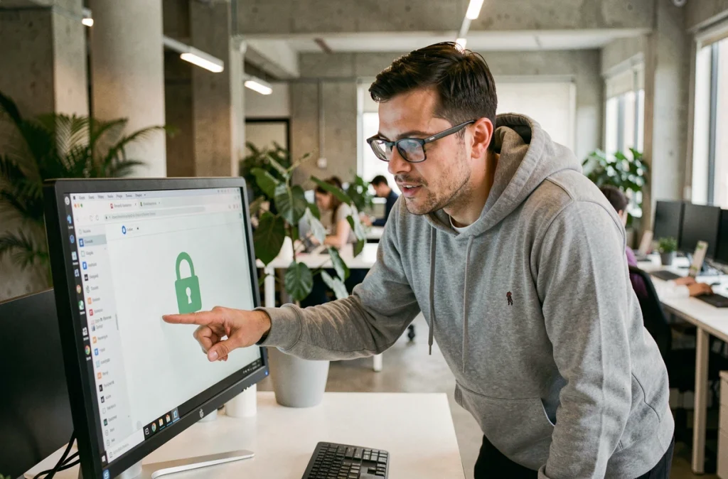Homme en bureau open-space montrant l'icône de cadenas et l'URL masquée dans la barre d'adresse d'un navigateur web sur un écran de bureau