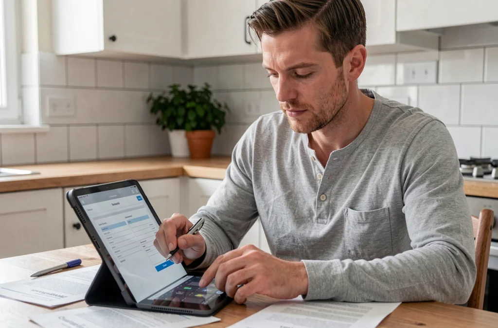 Homme complétant des démarches administratives en ligne sur une tablette depuis son domicile