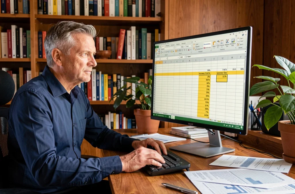 Homme en télétravail calculant des pourcentages sur Excel avec une formule affichée à l'écran