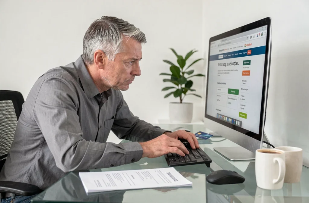 Homme vérifiant les conditions d'abonnement d'un site web avant de renseigner sa carte de paiement