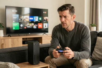 Homme tenant une manette Xbox Series X et regardant pensivement sa console dans un salon moderne, illustrant la question de la valeur de revente face à la prochaine Xbox