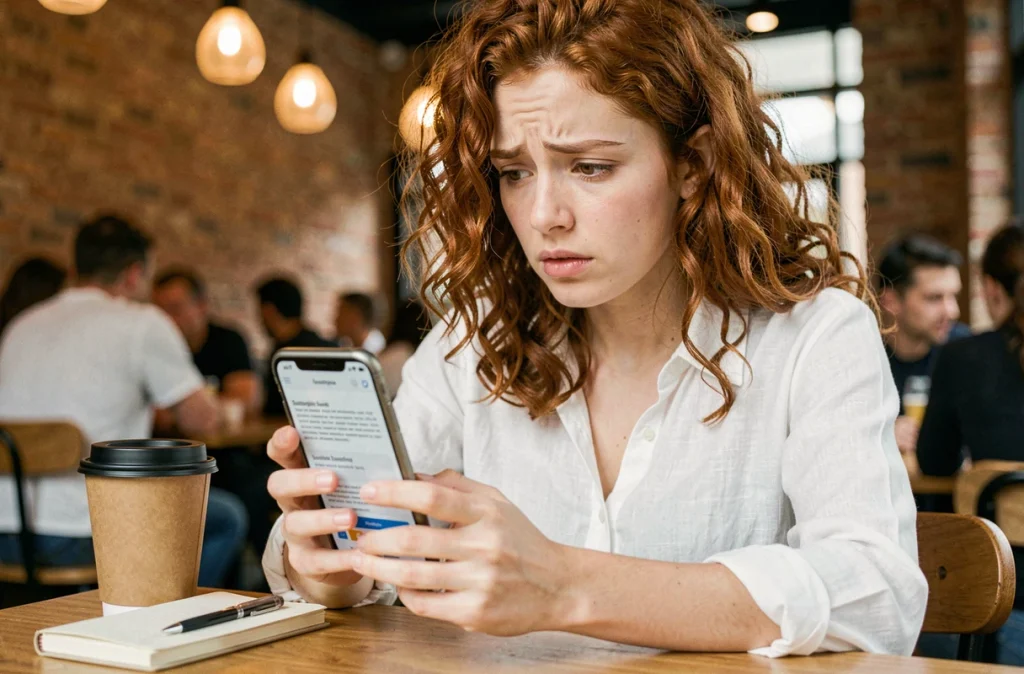 Jeune femme lisant attentivement les petites lignes d'un abonnement en ligne sur smartphone dans un café
