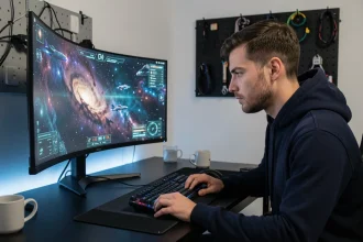 Joueur devant un écran ultrawide 21/9 affichant une interface de jeu spatial type Eve Online dans un bureau gaming moderne
