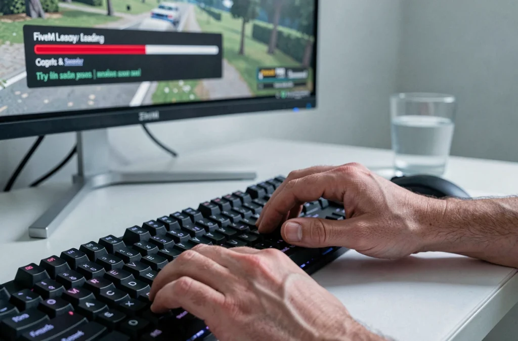 Gros plan sur des mains tapant au clavier pendant le chargement de FiveM après vidage du cache