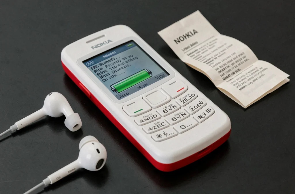 Gros plan d'un Nokia blanc et rouge posé sur fond noir avec des accessoires vintage, affichant un SMS pixelisé sur son écran rétro