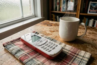 Nokia blanc et rouge classique posé sur un bureau en bois avec une tasse de café, évoquant la nostalgie des téléphones des années 2000
