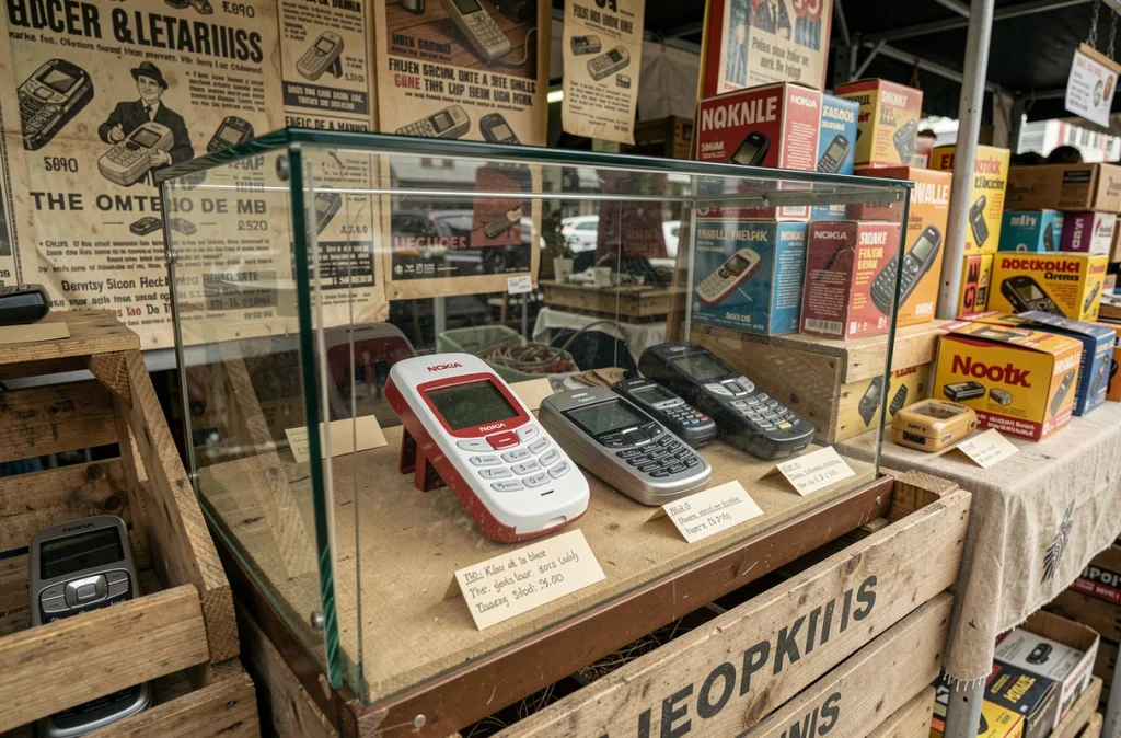 Nokia blanc et rouge exposé dans une vitrine de marché aux puces vintage parmi d'autres téléphones mobiles rétro des années 2000