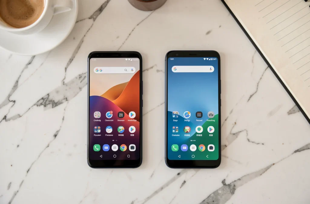 Vue de dessus de deux smartphones Google Pixel posés sur du marbre blanc pour une comparaison design et écran