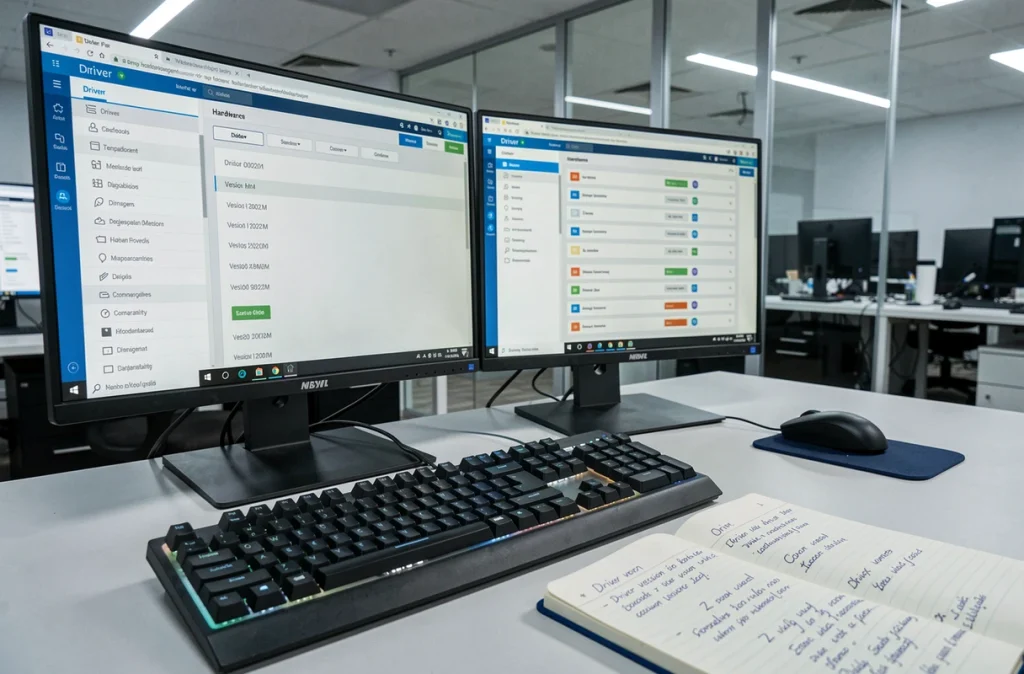 Poste de travail informatique avec deux écrans affichant un tableau de bord de gestion des pilotes dans un open space