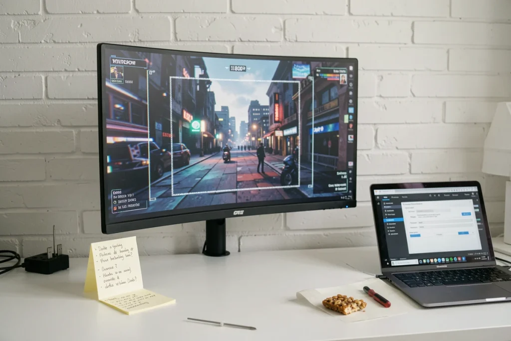 Écran ultrawide 21/9 affichant un problème d'affichage avec des barres noires et un ratio d'aspect incorrect sur un jeu spatial